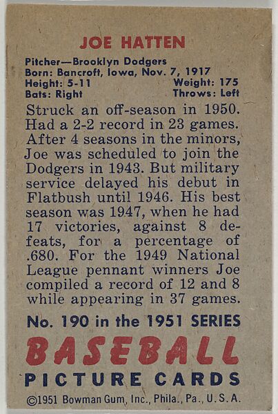 Joe Hatten, Pitcher, Brooklyn Dodgers, from Picture Cards, series 5 (R406-5) issued by Bowman Gum, Issued by Bowman Gum Company, Commercial color lithograph