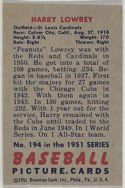 Harry "Peanuts" Lowrey, Outfield, St. Louis Cardinals, from Picture Cards, series 5 (R406-5) issued by Bowman Gum, Issued by Bowman Gum Company, Commercial color lithograph