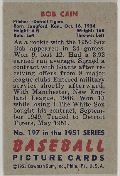 Bob Cain, Pitcher, Detroit Tigers, from Picture Cards, series 5 (R406-5) issued by Bowman Gum, Issued by Bowman Gum Company, Commercial color lithograph