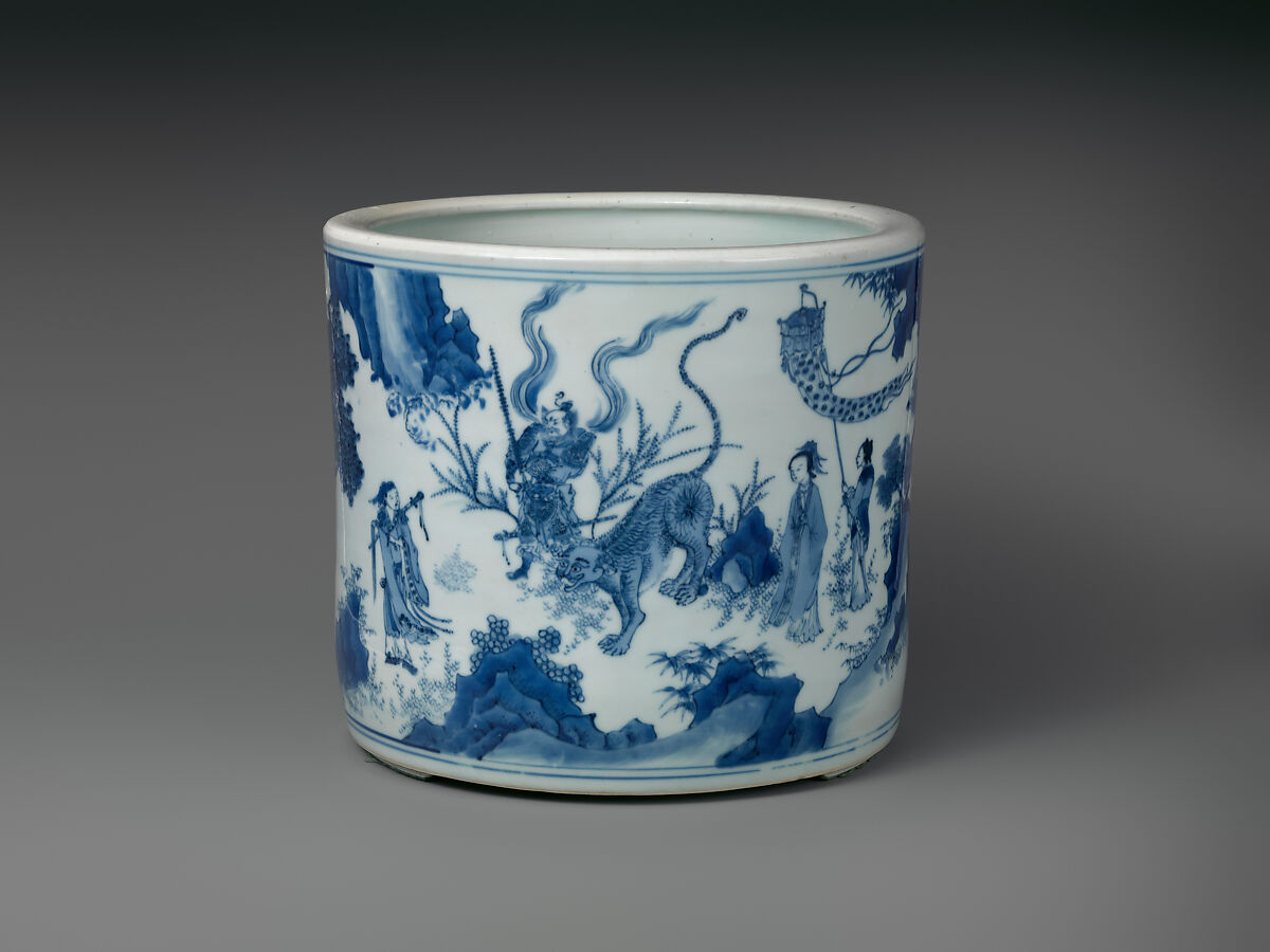 Brush holder with scene from Investiture of the Gods, Porcelain painted with cobalt blue under transparent glaze (Jingdezhen ware), China 