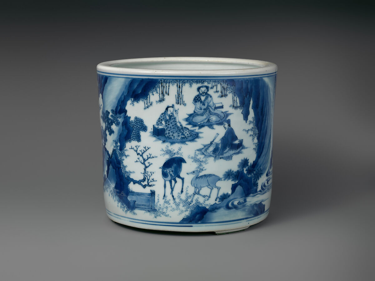 Brush pot with scene from The Investiture of the Gods, Porcelain painted with cobalt blue under transparent glaze (Jingdezhen ware), China