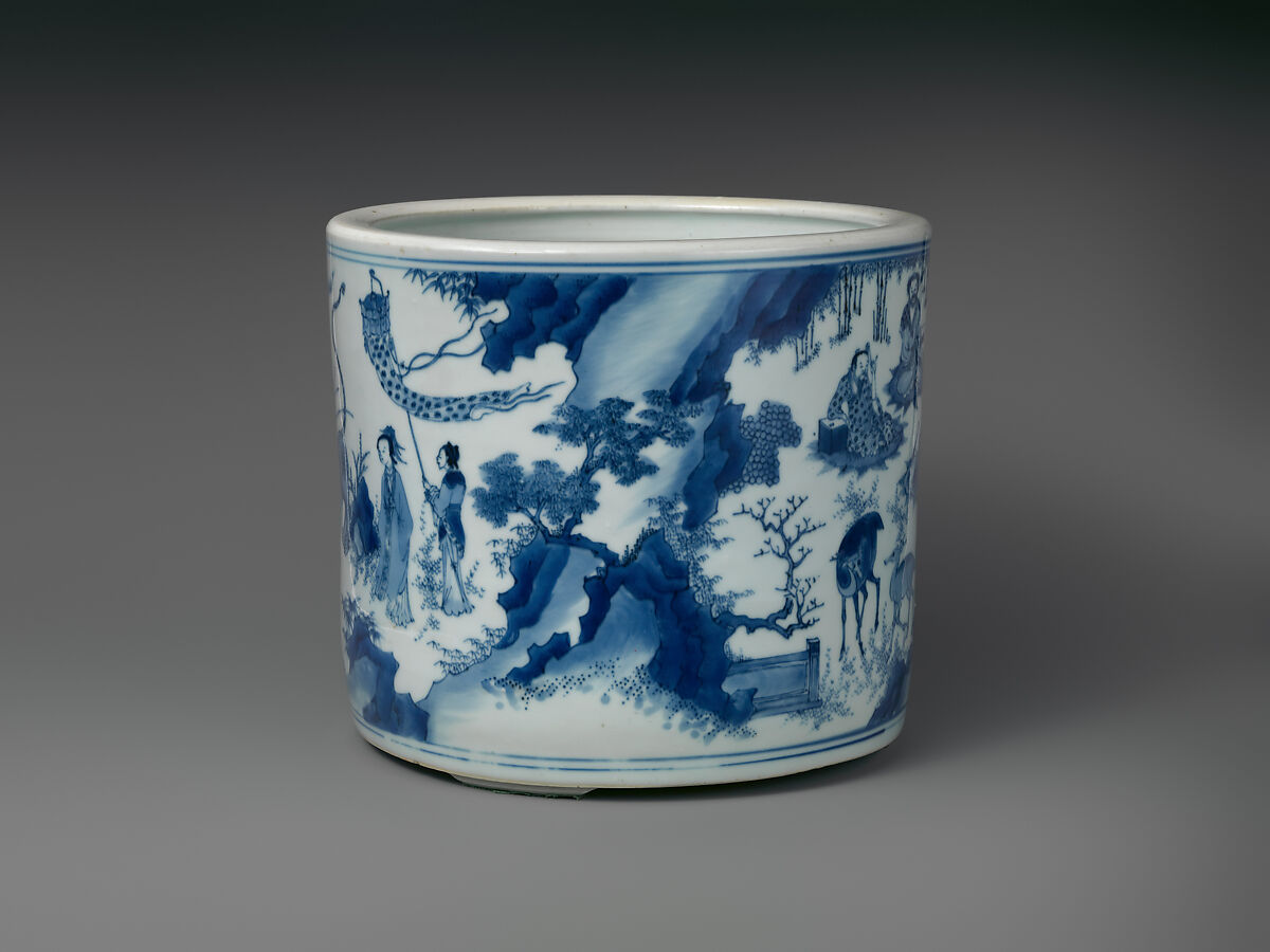 Brush pot with scene from The Investiture of the Gods, Porcelain painted with cobalt blue under transparent glaze (Jingdezhen ware), China