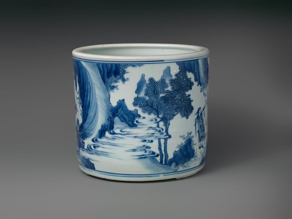 Brush pot with scene from The Investiture of the Gods, Porcelain painted with cobalt blue under transparent glaze (Jingdezhen ware), China