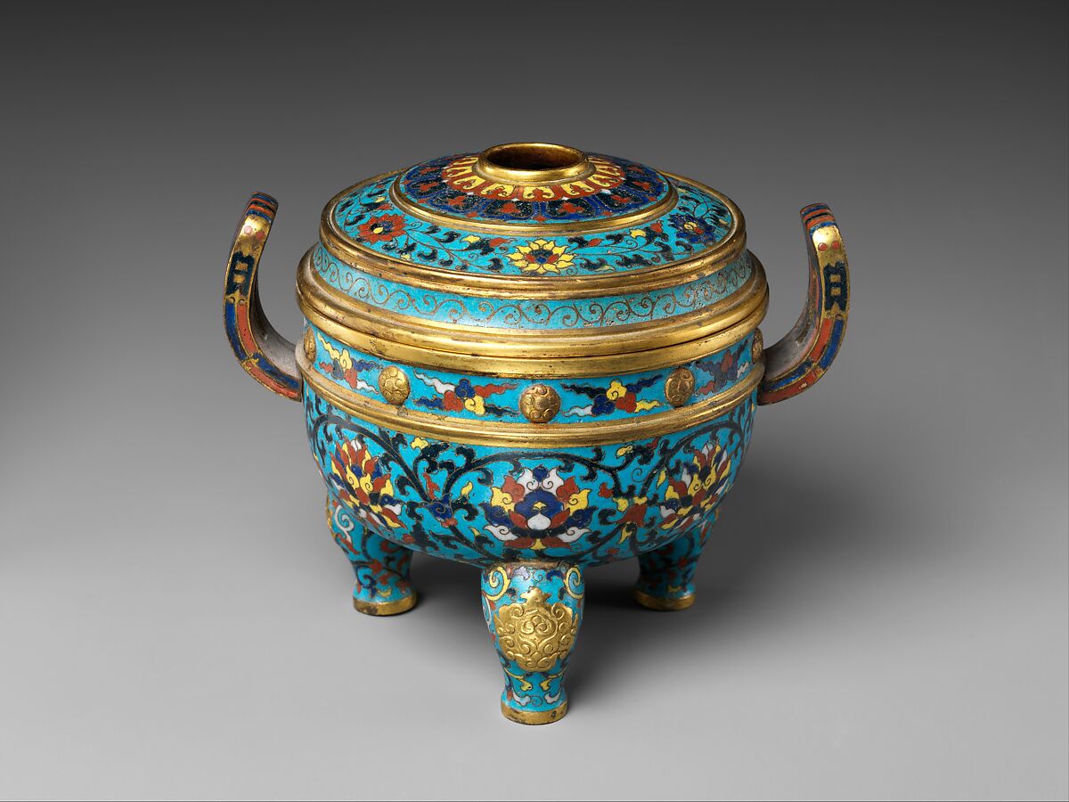 Tripod incense burner with lid, Cloisonné and champlevé enamel, China 