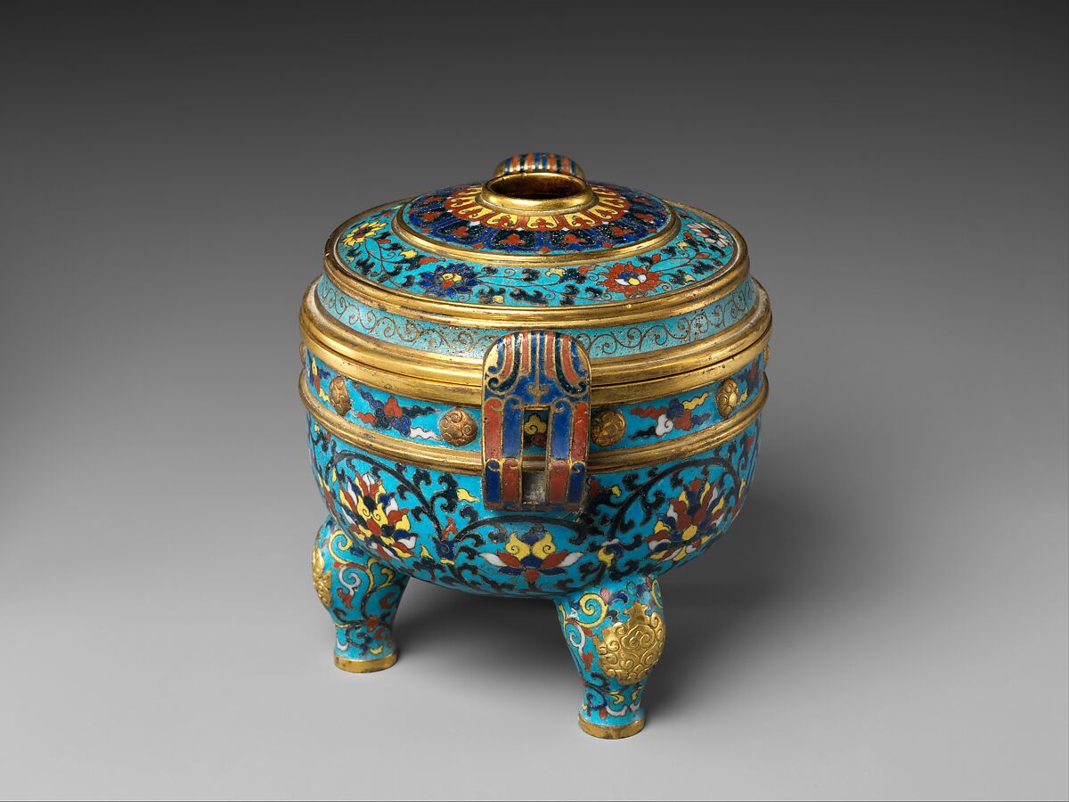 Tripod incense burner with lid, Cloisonné and champlevé enamel, China