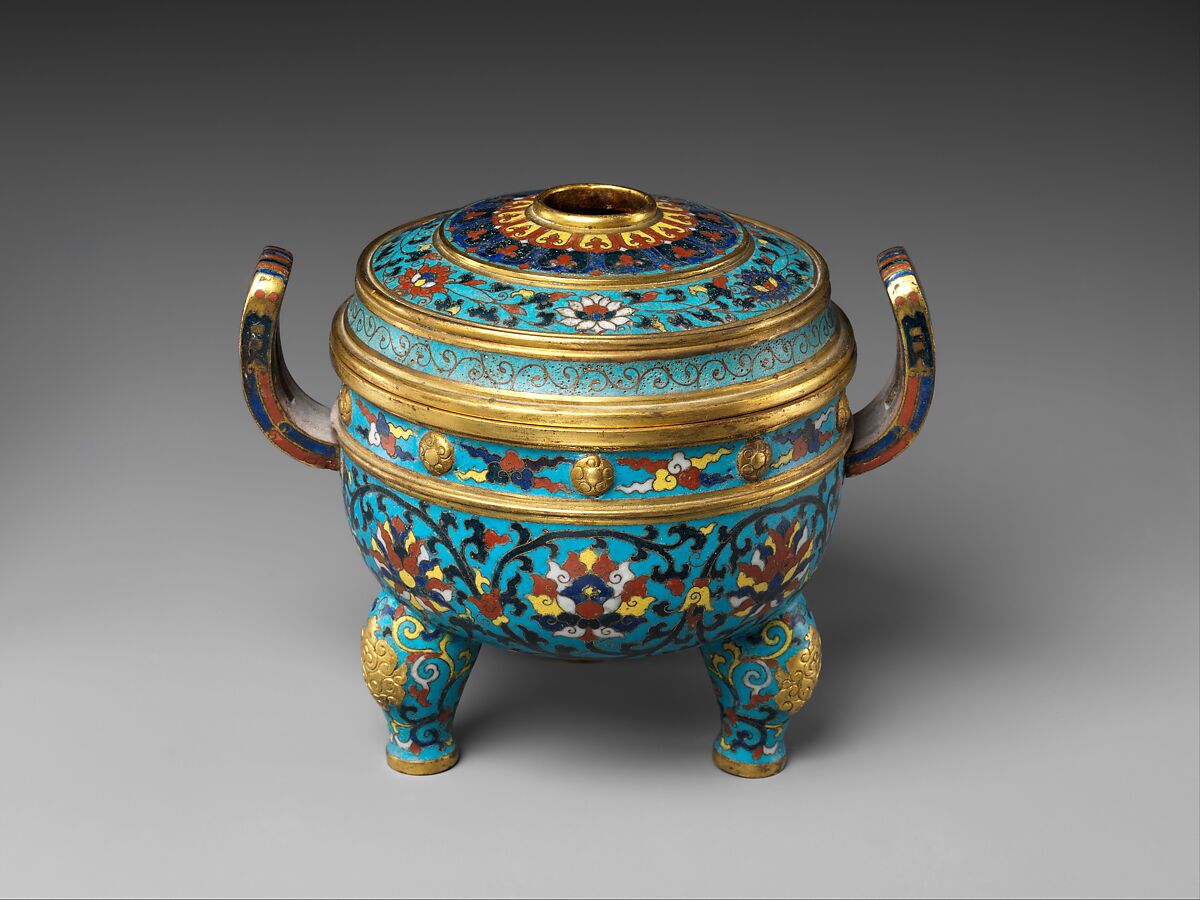 Tripod incense burner with lid, Cloisonné and champlevé enamel, China