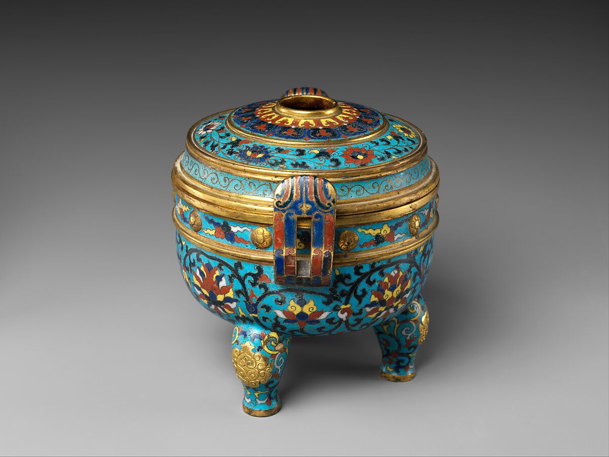 Tripod incense burner with lid, Cloisonné and champlevé enamel, China
