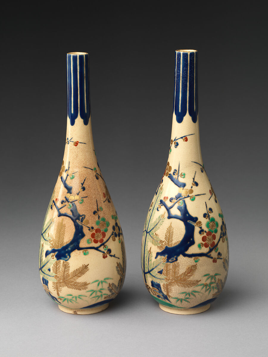 Pair of Sake Bottles with Pine, Bamboo, and Plum, Stoneware with overglaze polychrome enamels and gold (Ko-Kiyomizu ware), Japan 