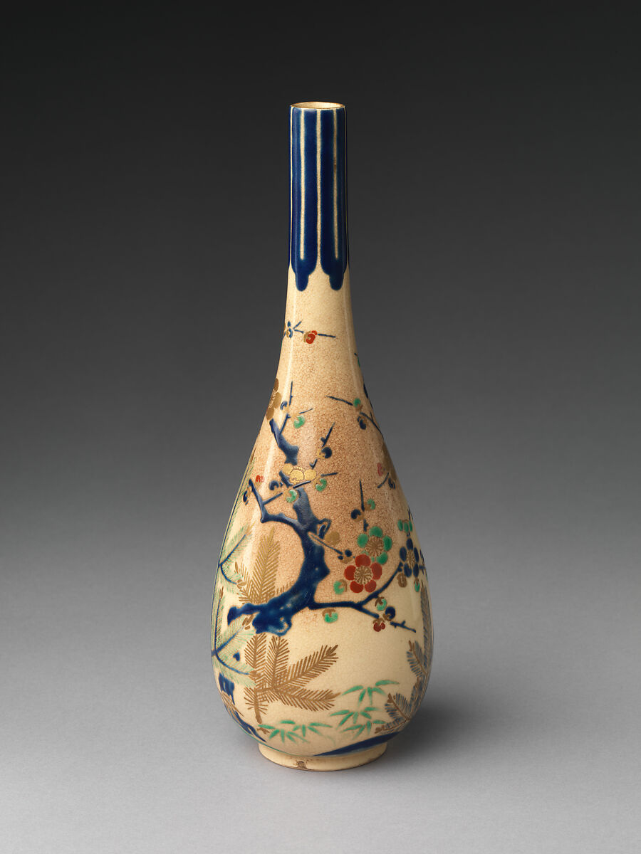 Pair of Sake Bottles with Pine, Bamboo, and Plum, Stoneware with polychrome enamels and gold over transparent glaze (Ko-Kiyomizu ware), Japan