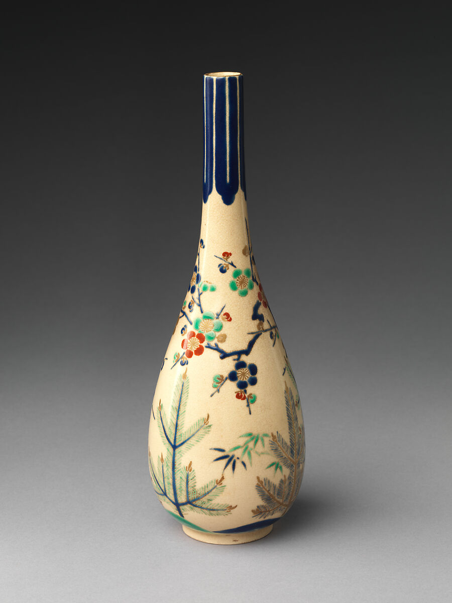 Pair of Sake Bottles with Pine, Bamboo, and Plum, Stoneware with polychrome enamels and gold over transparent glaze (Ko-Kiyomizu ware), Japan