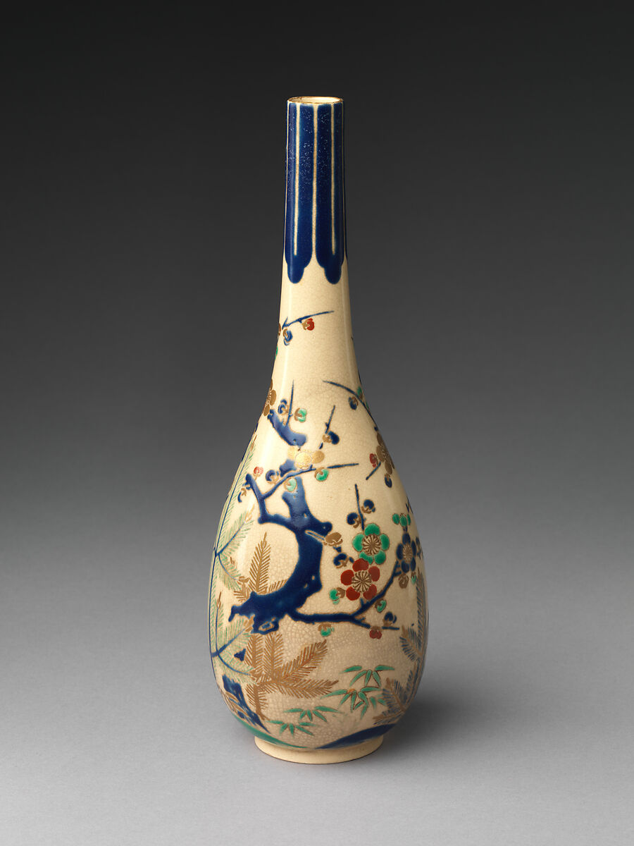 Pair of Sake Bottles with Pine, Bamboo, and Plum, Stoneware with polychrome enamels and gold over transparent glaze (Ko-Kiyomizu ware), Japan