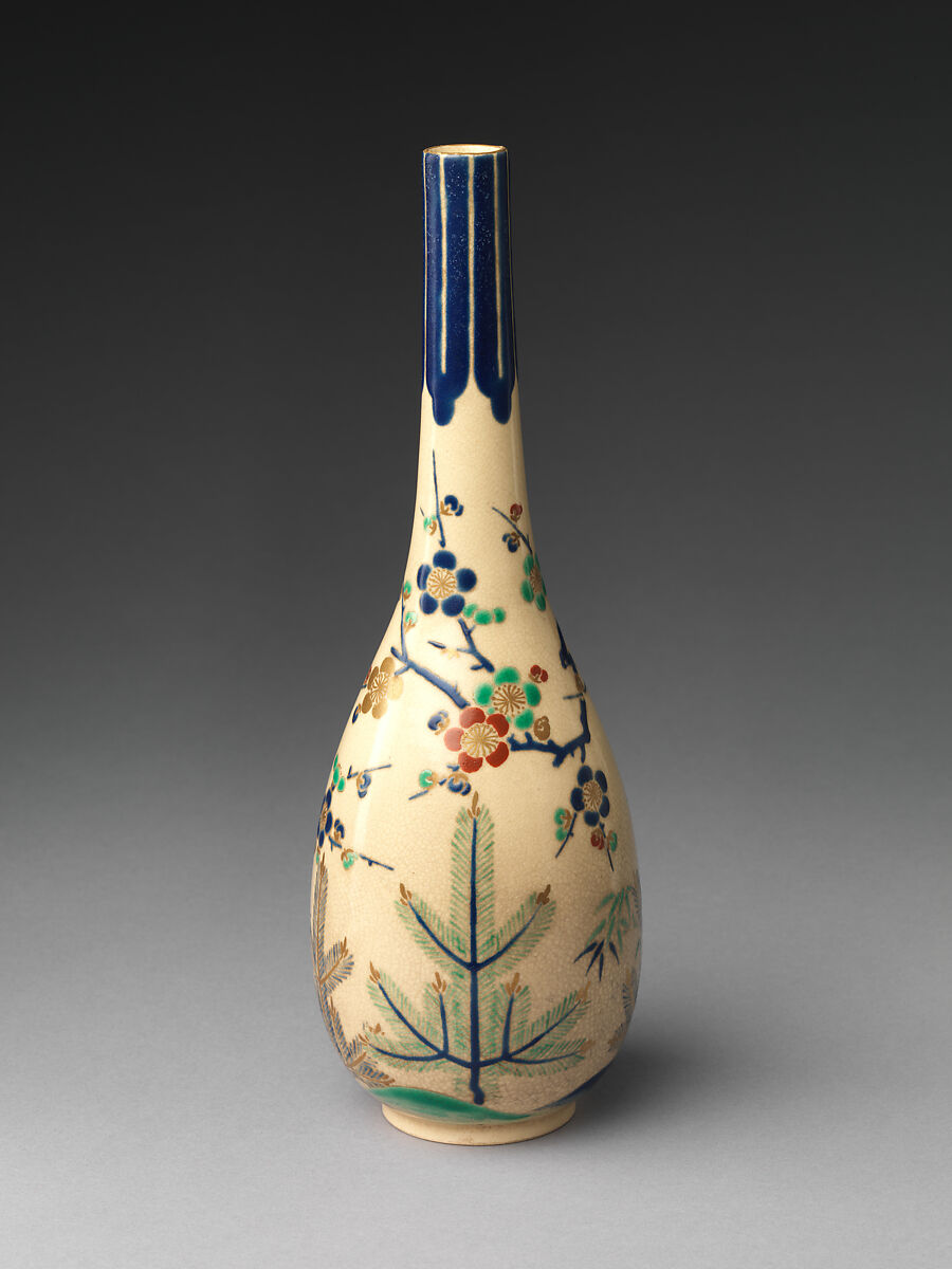 Pair of Sake Bottles with Pine, Bamboo, and Plum, Stoneware with polychrome enamels and gold over transparent glaze (Ko-Kiyomizu ware), Japan