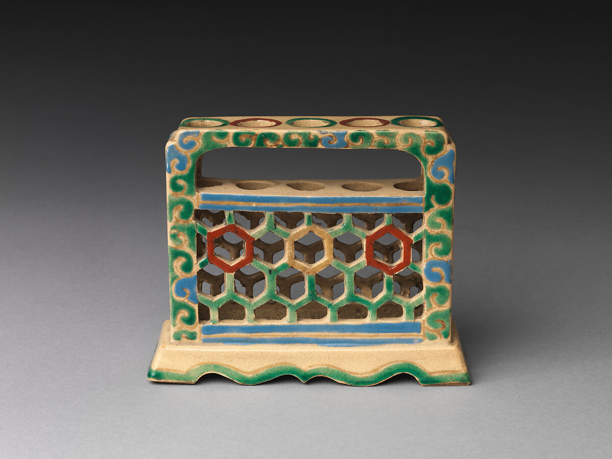 Brush holder, Stoneware with polychrome enamels (Ko-Kiyomizu ware), Japan 