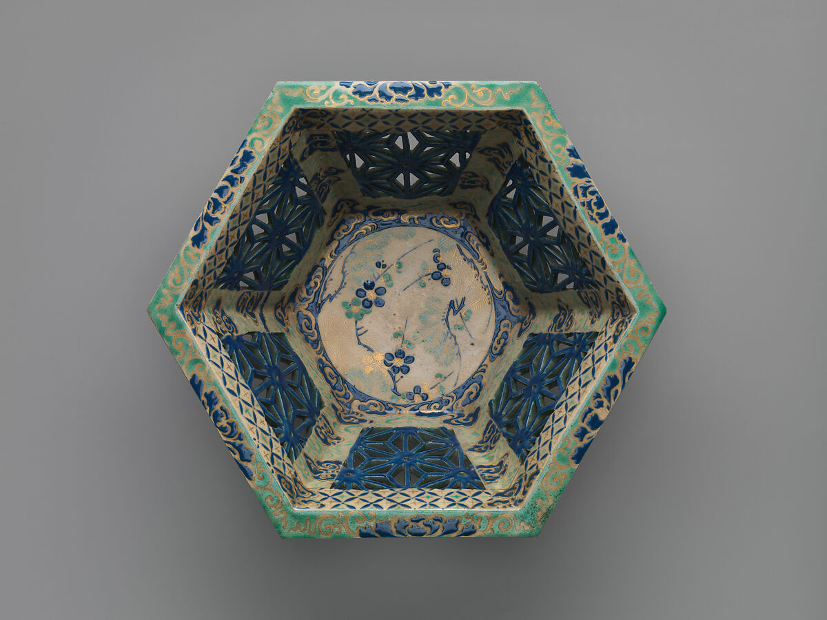 Large Bowl with Plum Blossoms and Openwork Hemp Leaves, Stoneware with polychrome enamels and gold over a transparent glaze (Kyoto ware, Ko-Kiyomizu type), Japan