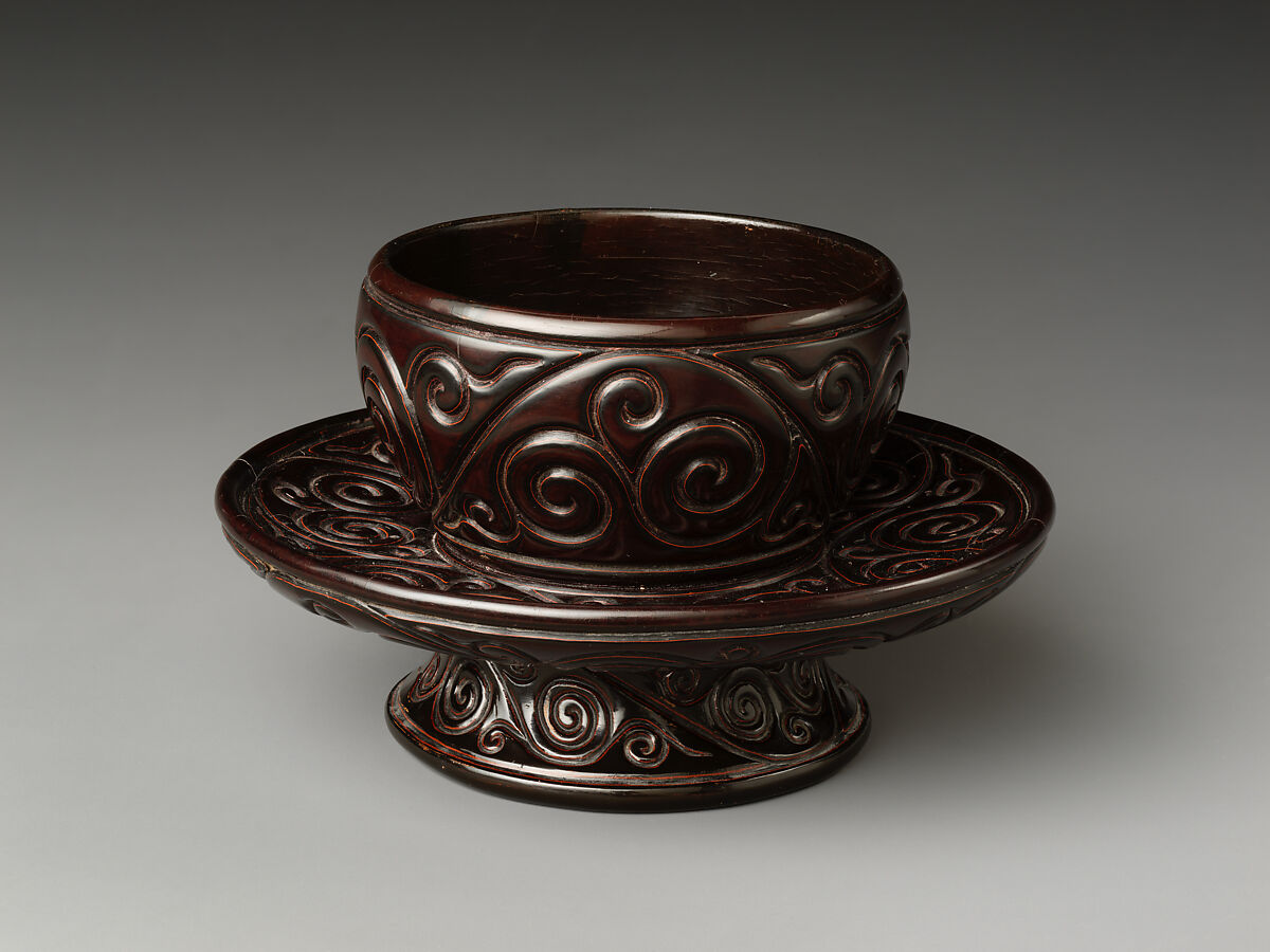 Tea-bowl stand with pommel scrolls, Carved red and black lacquer (tixi), China