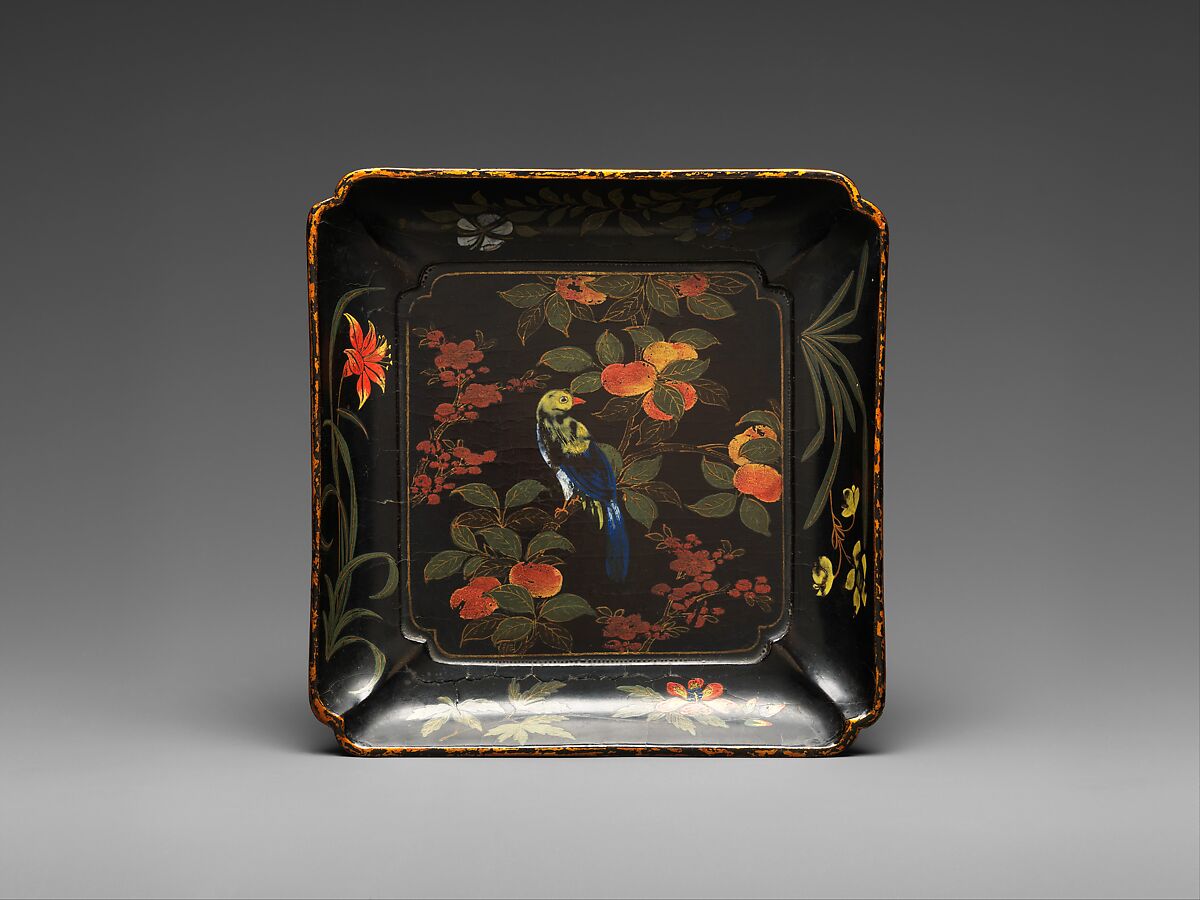 Dish with persimmons, flowers, and birds, Black lacquer with painted decoration, China 