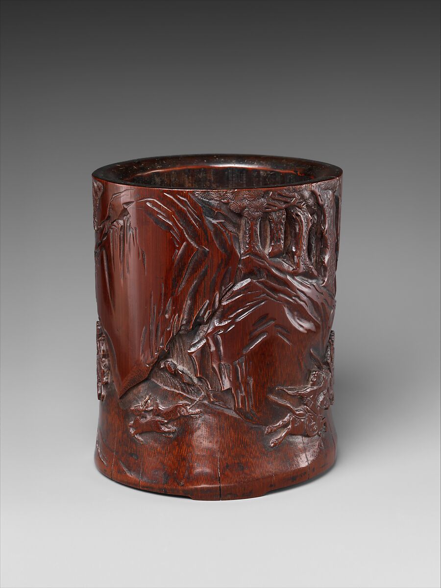 Brush pot with hunting scene, Attributed to Zhou Naishi (Chinese, active 17th century), Bamboo, China