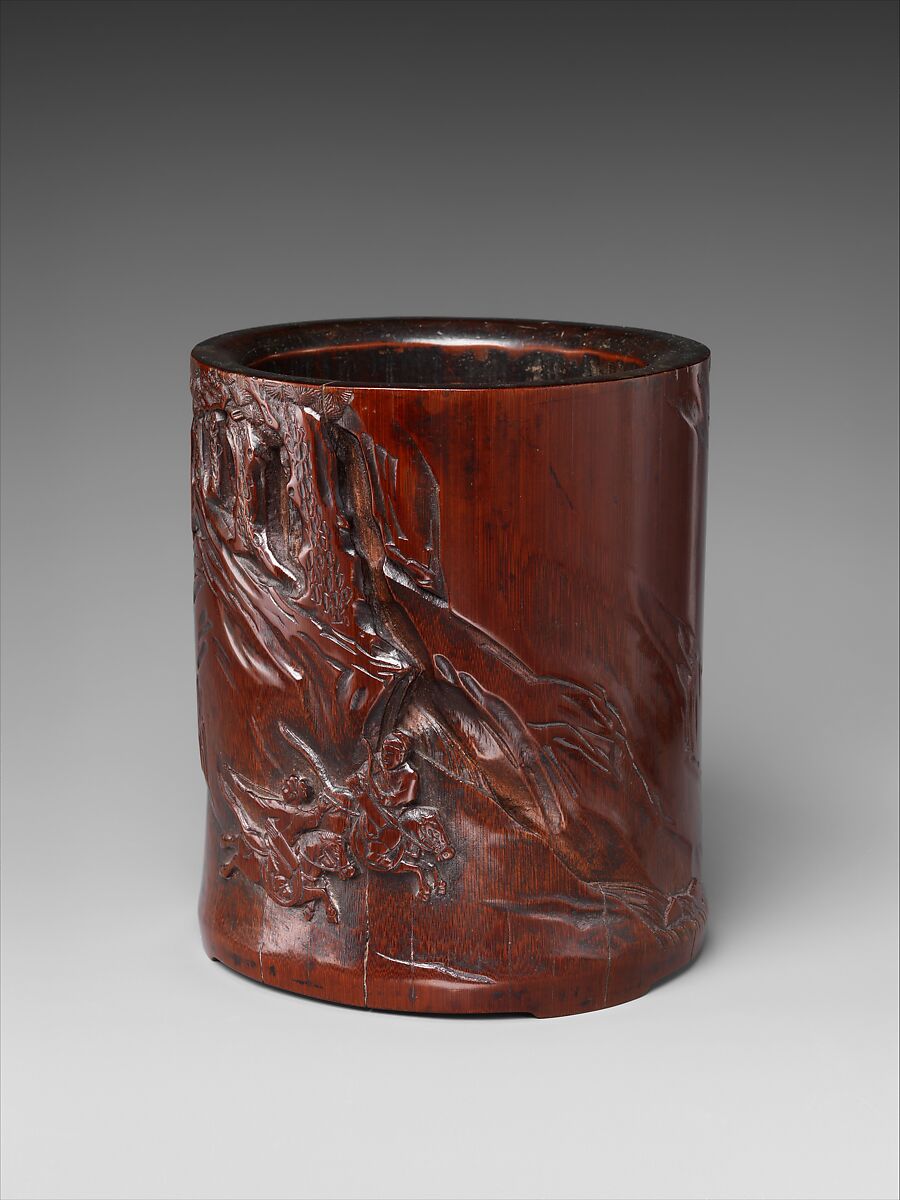 Brush pot with hunting scene, Attributed to Zhou Naishi (Chinese, active 17th century), Bamboo, China