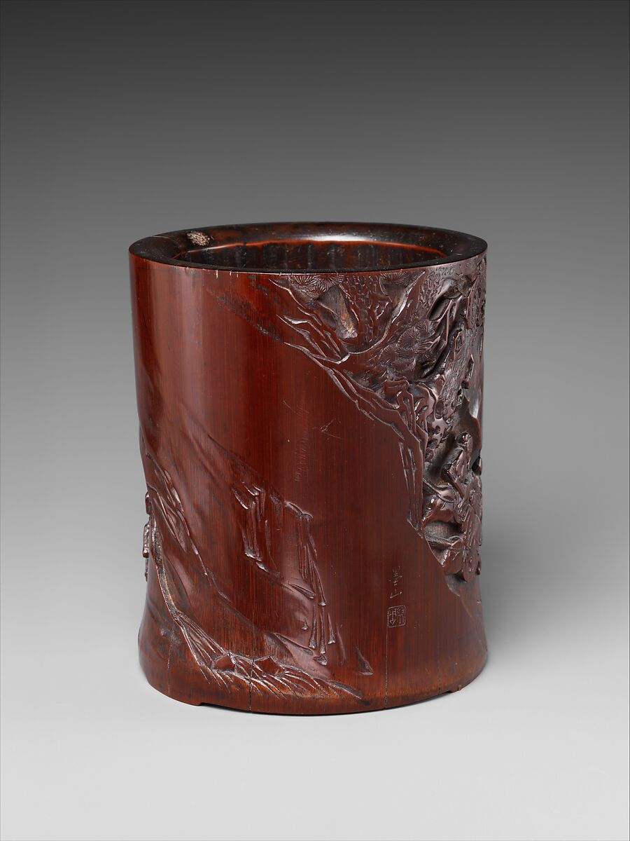 Brush pot with hunting scene, Attributed to Zhou Naishi (Chinese, active 17th century), Bamboo, China