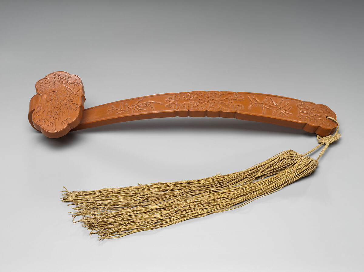 Ruyi scepter with poem composed by the Qianlong Emperor, Bamboo veneer, silk, China