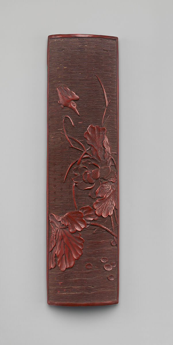 Wrist rest with kingfisher and lotus, Carved red lacquer, China 