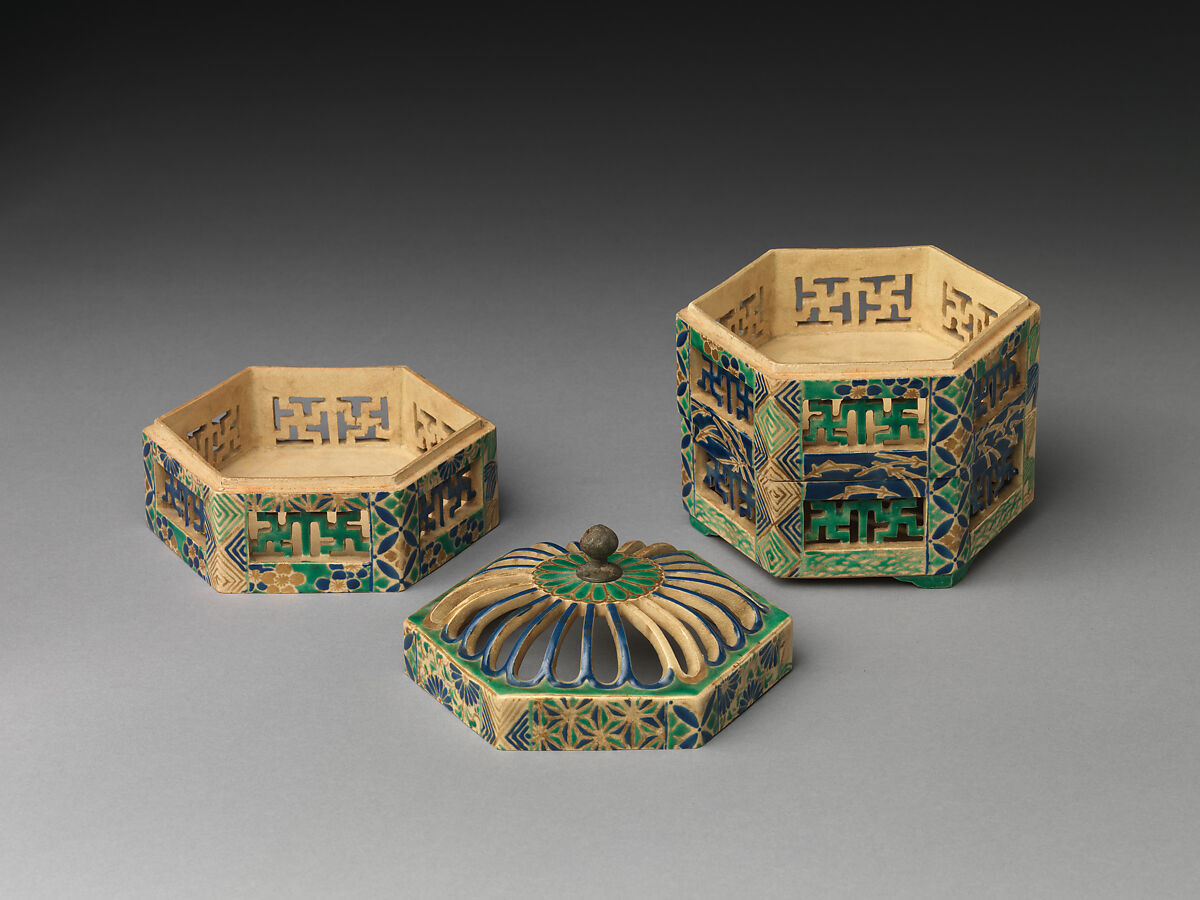 Reticulated Tiered Box with Pine Needles, Plum Blossoms, and Chrysanthemums, Stoneware with polychrome enamels over a transparent glaze (Kyoto ware, Ko-Kiyomizu type), Japan