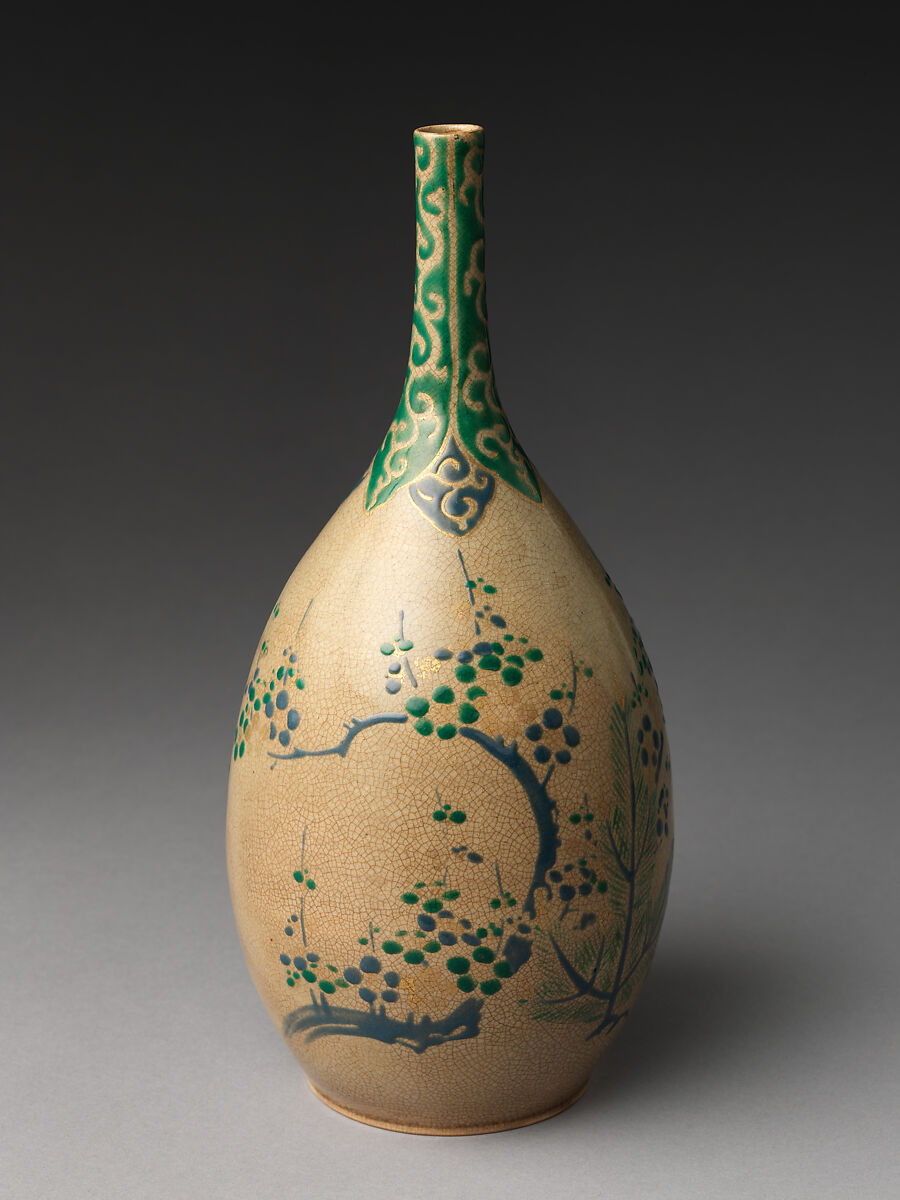 Sake bottle with pine, bamboo and plum, Stoneware (Mizoro ware), Japan 