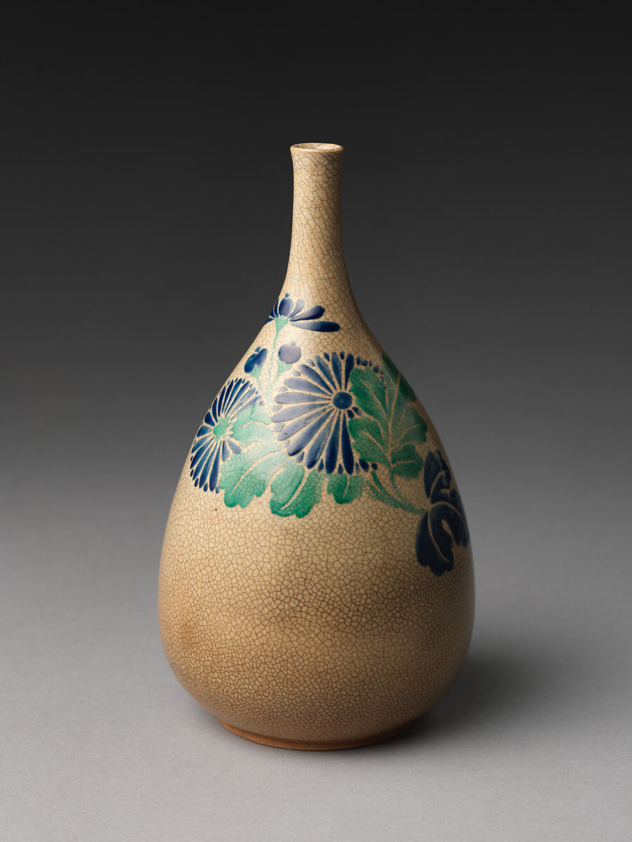 Sake bottle with chrysanthemums, Stoneware (Mizoro ware), Japan 