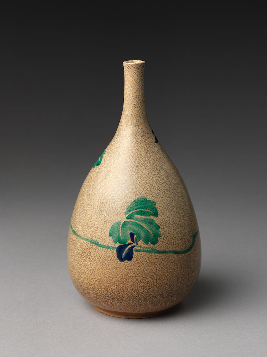 Sake bottle with chrysanthemums, Stoneware (Mizoro ware), Japan