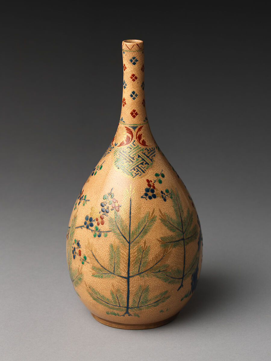 Sake bottle with pine and plum, Stoneware (Kyoto ware), Japan