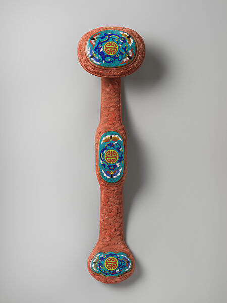 Ruyi scepter, Red lacquer with cloisonné inserts, China