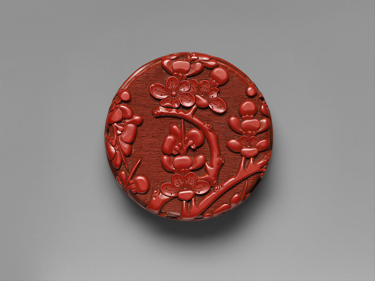 Box with plum spray, Carved red lacquer, China 