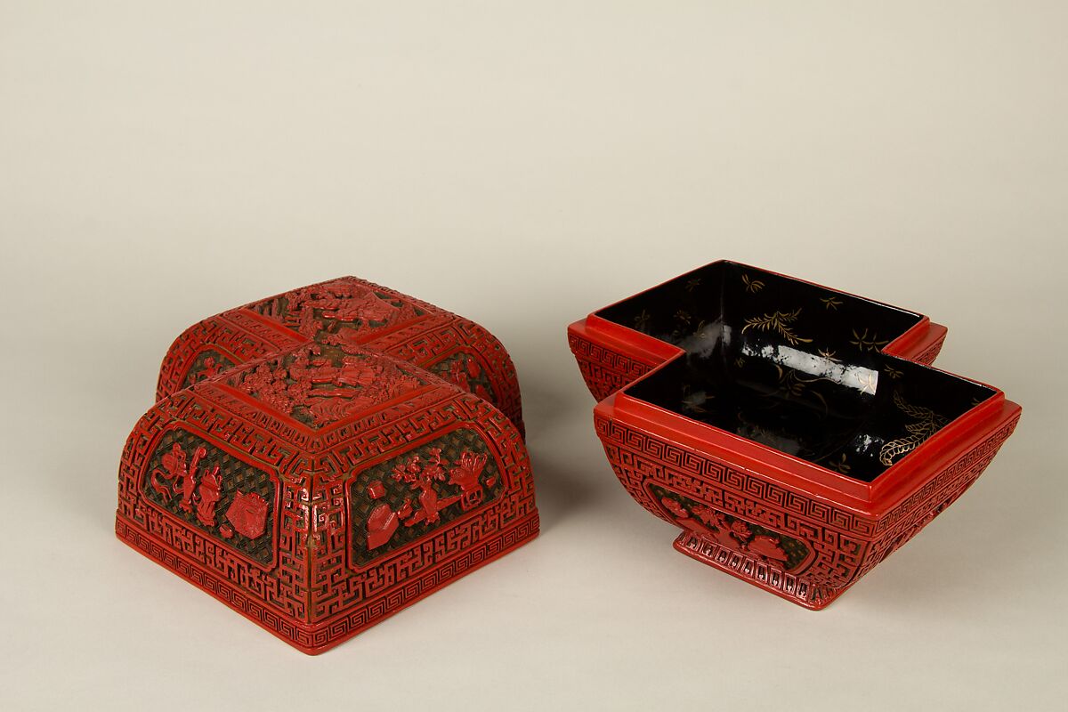 Lozenge box with scene of treasure tributary, Carved red lacquer, China