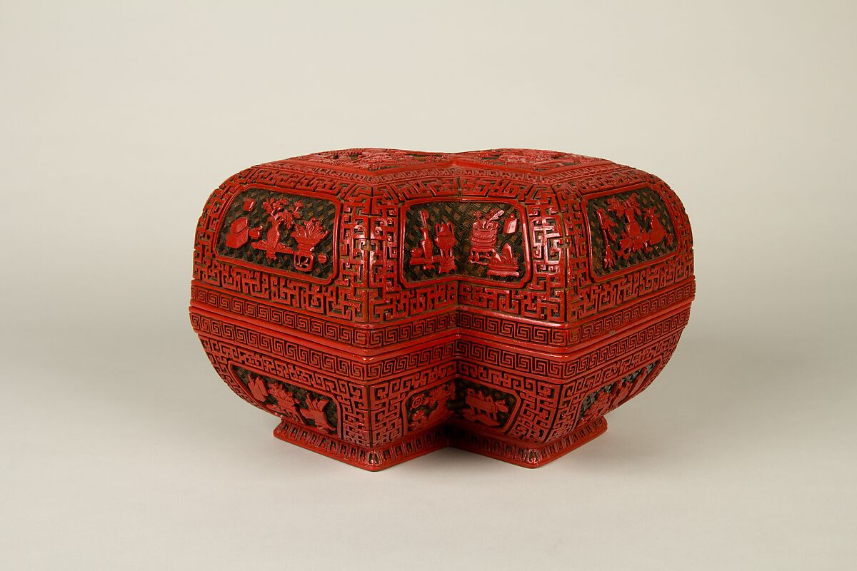 Lozenge box with scene of treasure tributary, Carved red lacquer, China