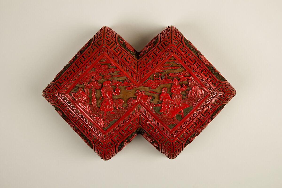 Lozenge box with scene of treasure tributary, Carved red lacquer, China