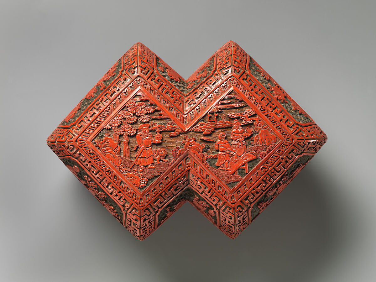 Lozenge box with scene of treasure tributary, Carved red lacquer, China