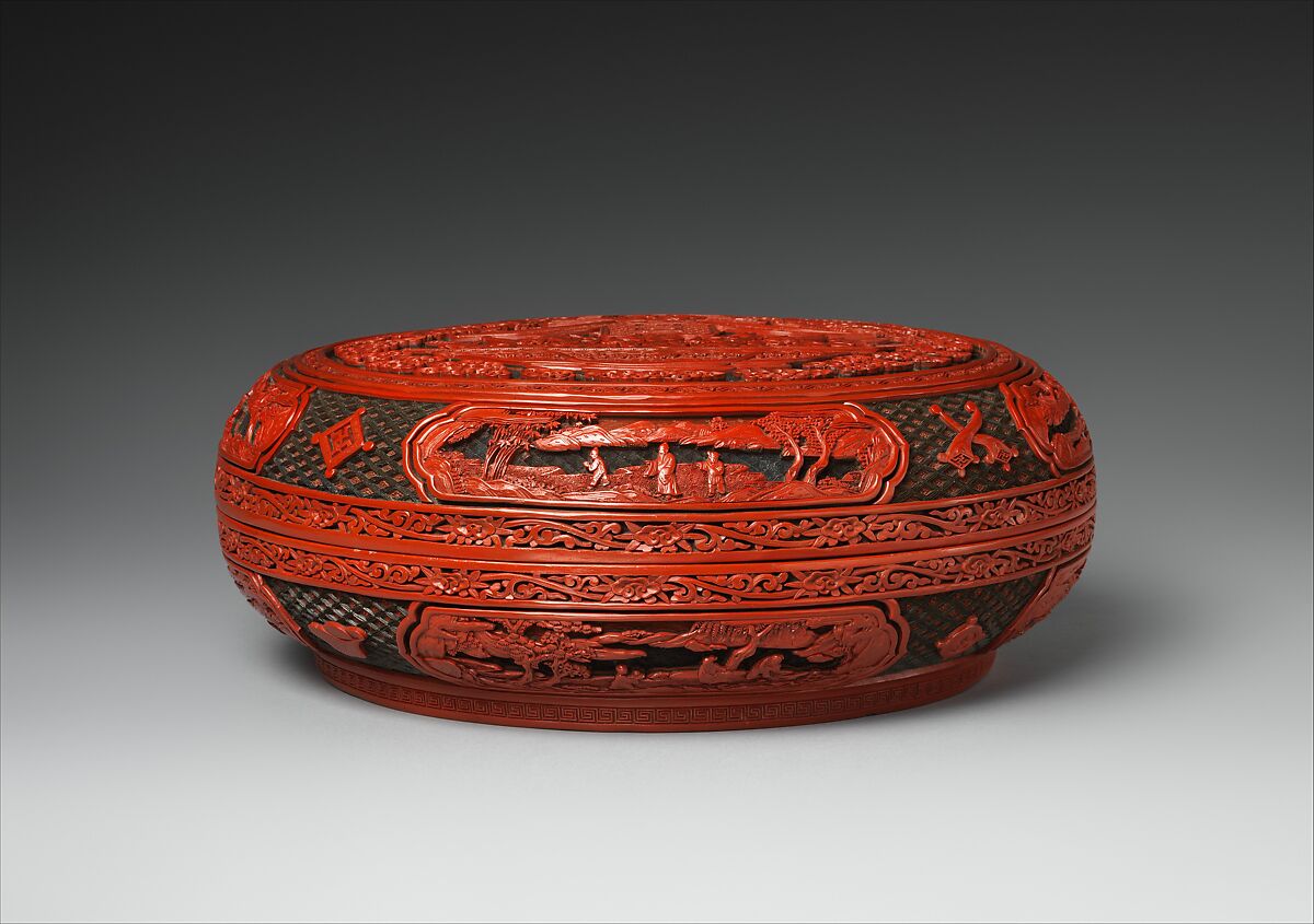 Precious Spring Longevity Box, Carved red, green, and yellow lacquer, China