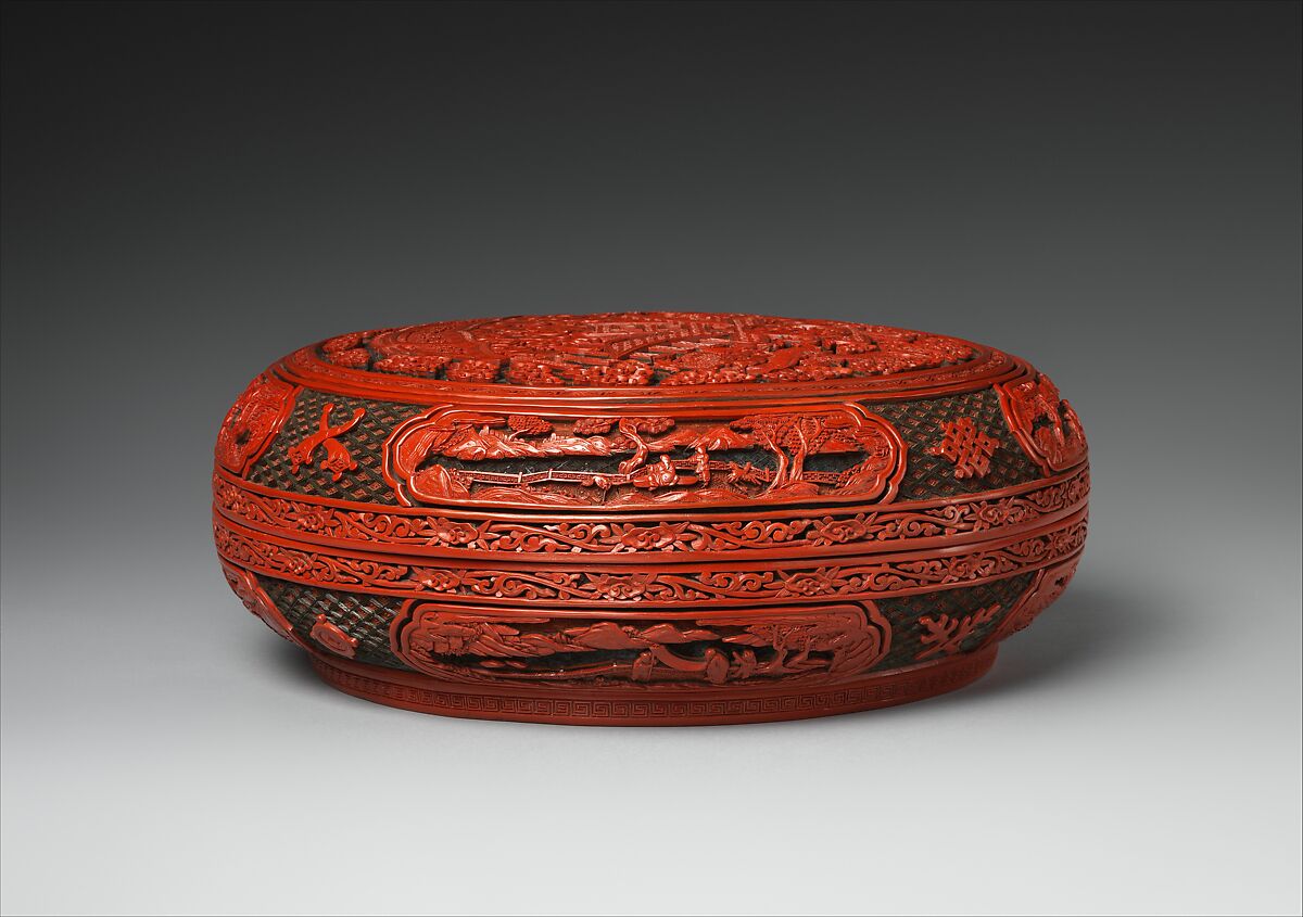Precious Spring Longevity Box, Carved red, green, and yellow lacquer, China