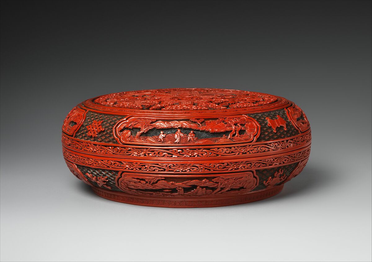 Precious Spring Longevity Box, Carved red, green, and yellow lacquer, China