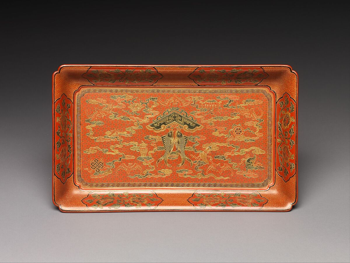 Rectangular tray with fish chime, treasures, and clouds, Polychrome lacquer with filled-in and engraved gold decoration, China 
