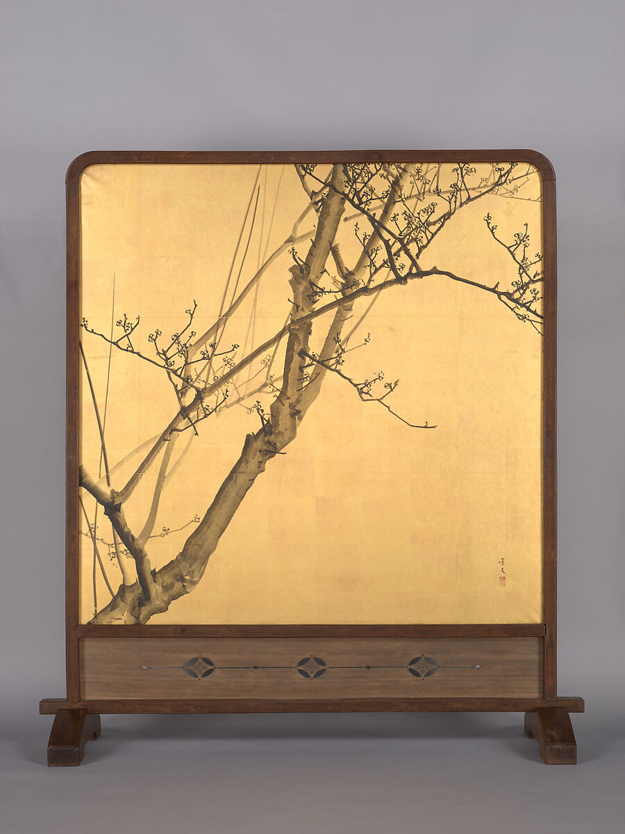 Plum Blossoms, Painting by Matsumura Keibun 松村景文 (Japanese, 1779–1843), Freestanding screen (tsuitate); ink on paper, Japan 