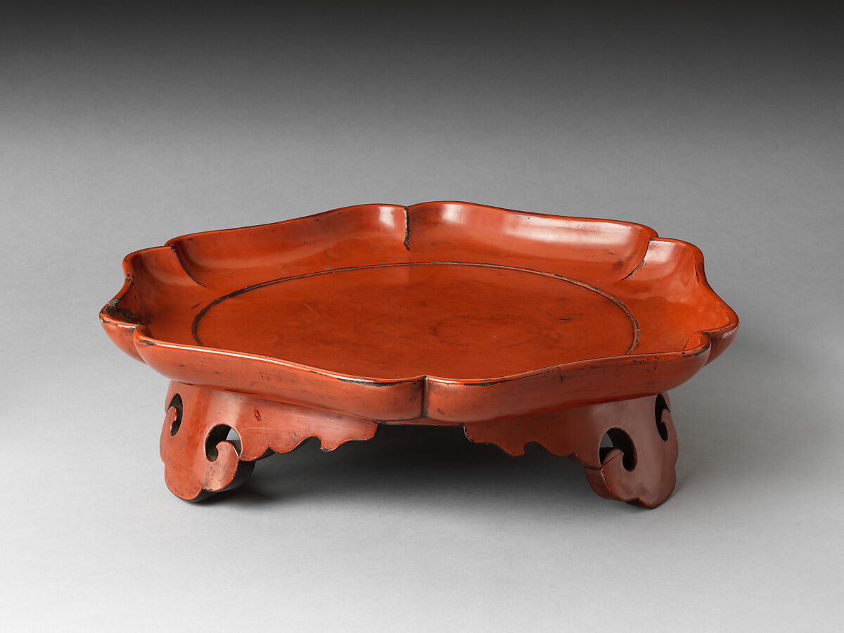 Round Negoro Tray (Ashitsuki-ban) with Three Feet, Wood with coatings of red over black lacquer (Negoro ware), Japan 