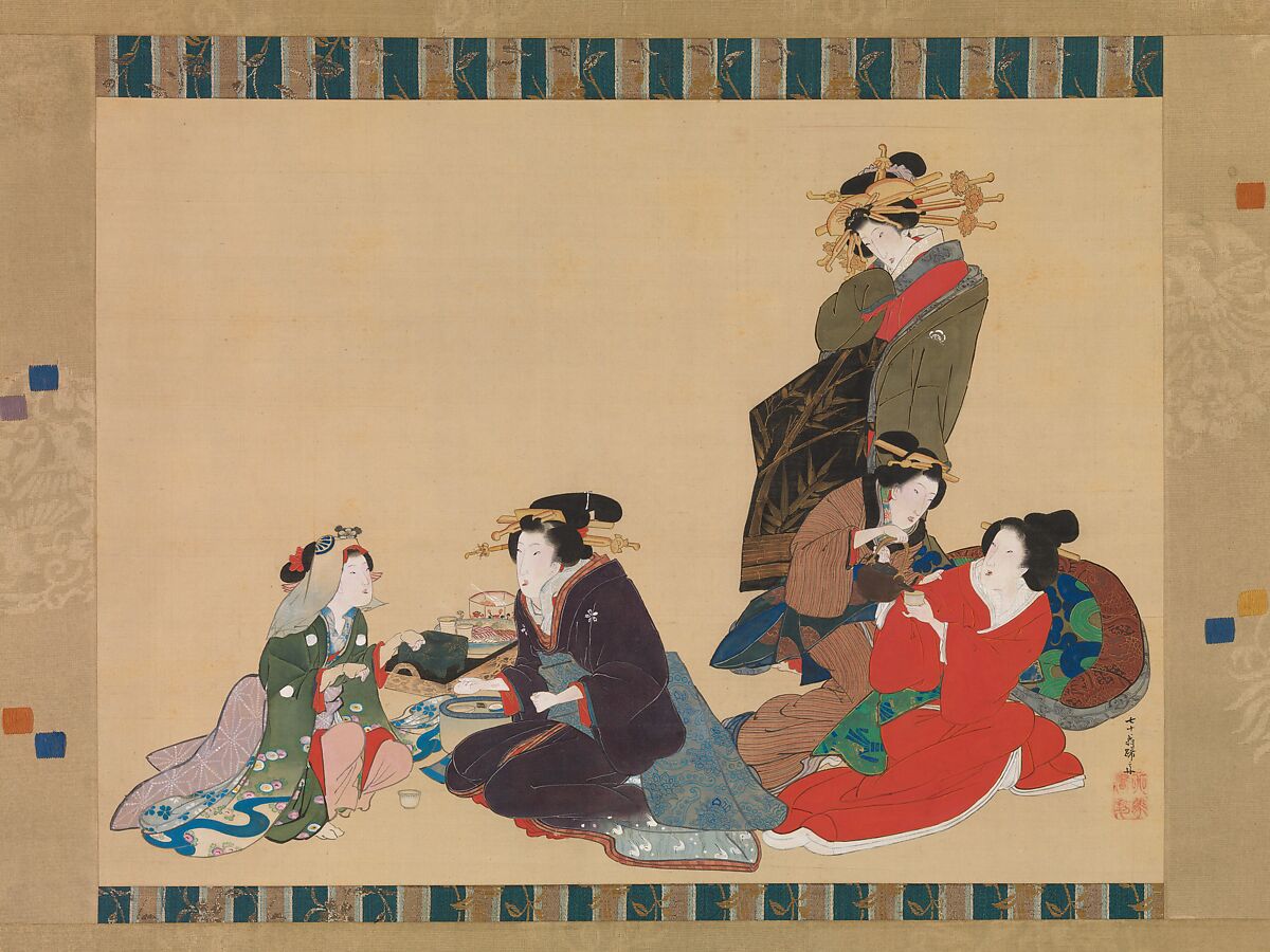 Five Beauties, Teisai Hokuba (Japanese, 1771–1844), Hanging scroll; ink and color on silk, Japan 