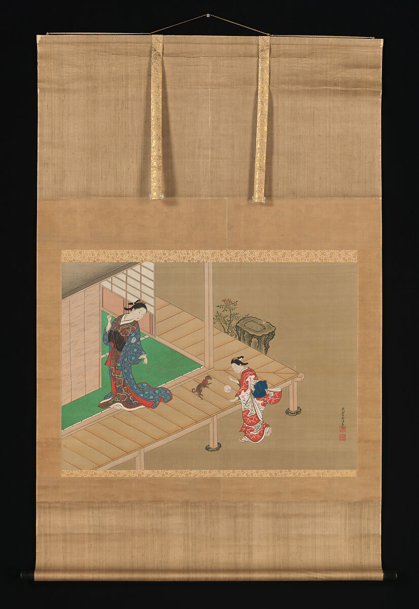 Courtesan and Attendant Playing with a Dog, Nishikawa Sukenobu (Japanese, 1671–1750), Hanging scroll; ink and color on silk, Japan