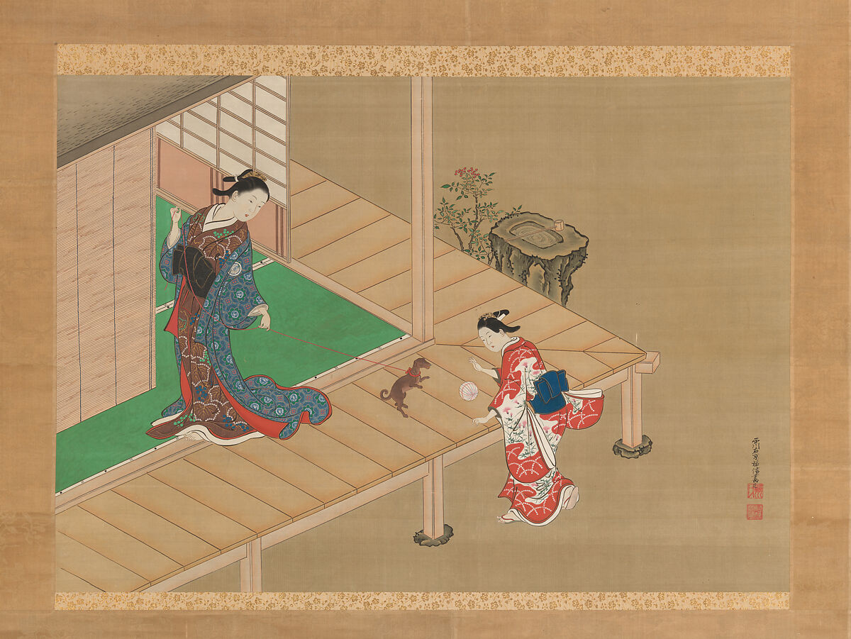 Courtesan and Attendant Playing with a Dog, Nishikawa Sukenobu (Japanese, 1671–1750), Hanging scroll; ink and color on silk, Japan 