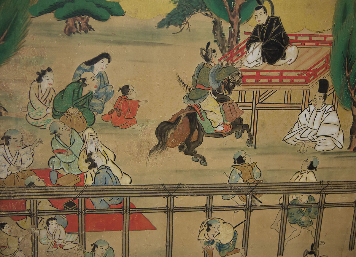 Horse Racing at Kamo Shrine, Pair of six-panel folding screens; ink, color, gold and gold leaf on paper, Japan