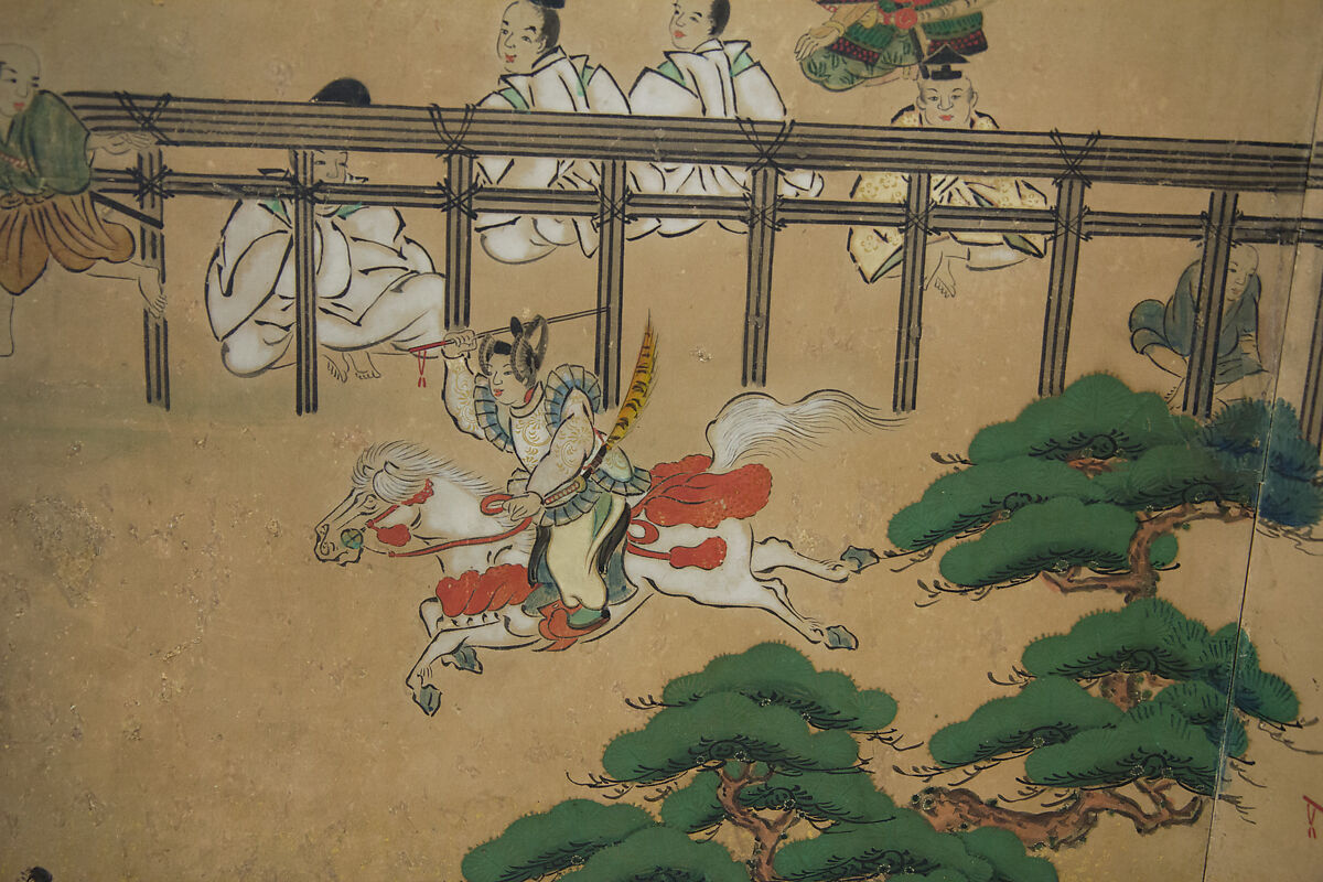 Horse Racing at Kamo Shrine, Pair of six-panel folding screens; ink, color, gold and gold leaf on paper, Japan