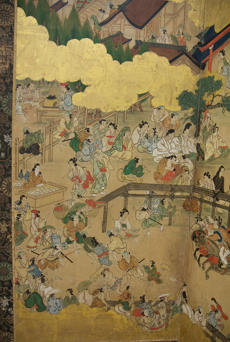Horse Racing at Kamo Shrine, Pair of six-panel folding screens; ink, color, gold and gold leaf on paper, Japan