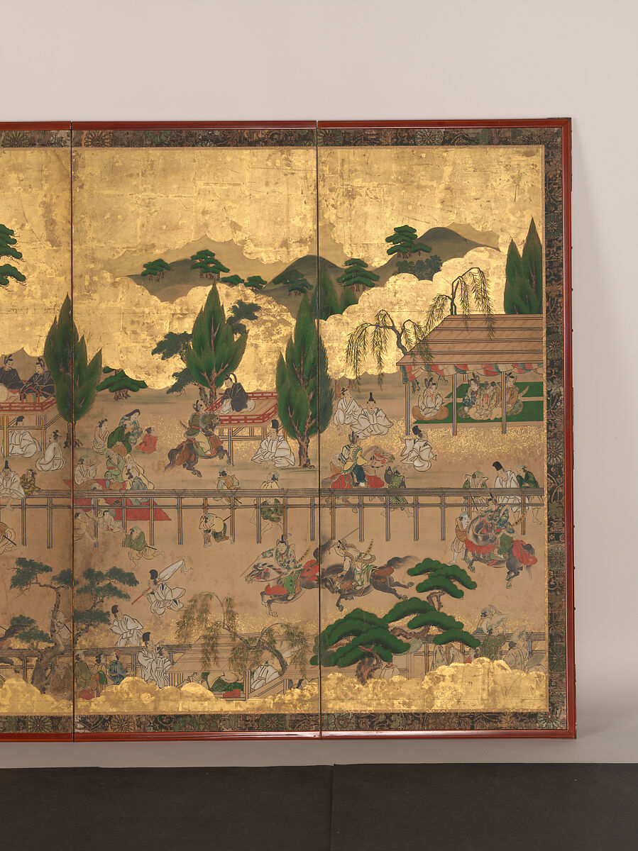 Horse Racing at Kamo Shrine, Pair of six-panel folding screens; ink, color, gold and gold leaf on paper, Japan
