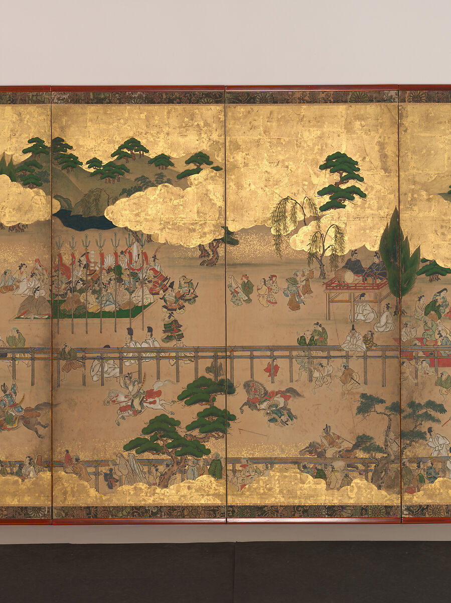 Horse Racing at Kamo Shrine, Pair of six-panel folding screens; ink, color, gold and gold leaf on paper, Japan